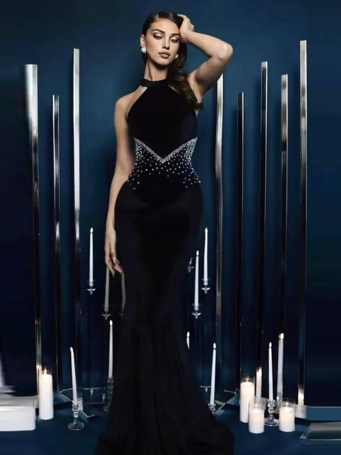Halter Crystal Front Maxi Dress Black