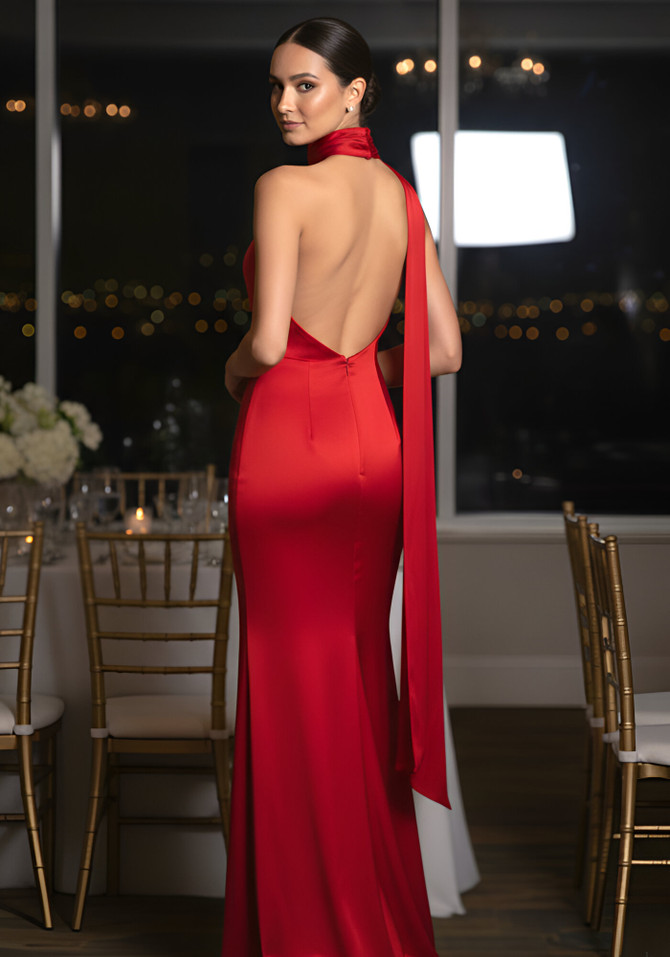 Halter Floral Silk Maxi Dress Red