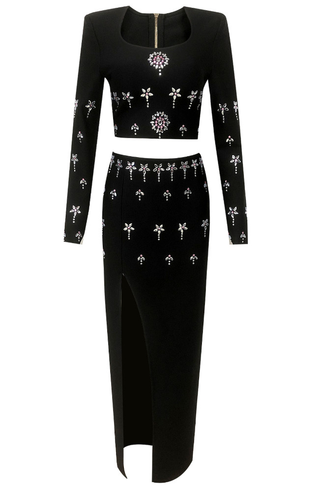 Long Sleeve Crystal Two Piece Maxi Dress Black