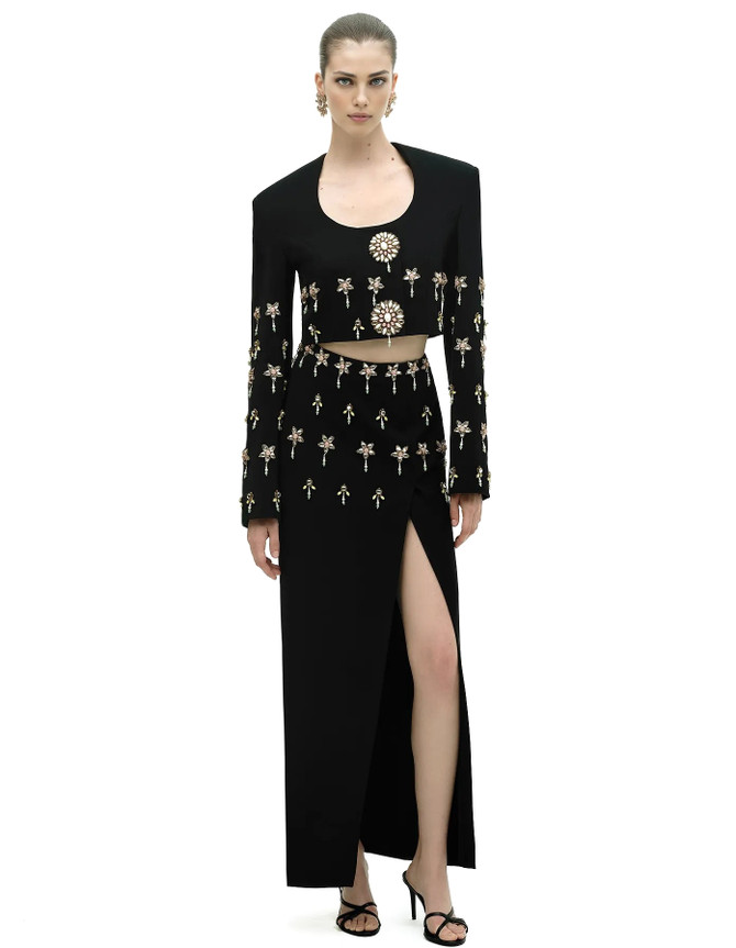 Long Sleeve Crystal Two Piece Maxi Dress Black