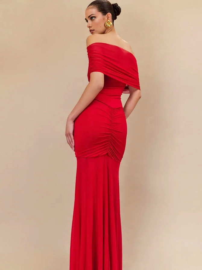 Ruched Bardot Maxi Dress Red