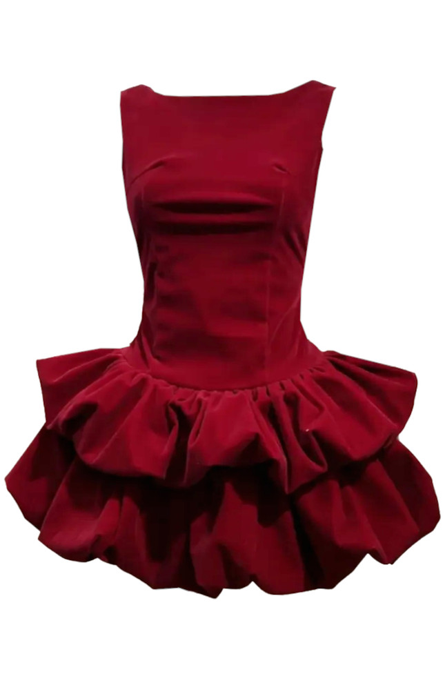 Puff Detail Velvet Dress Red