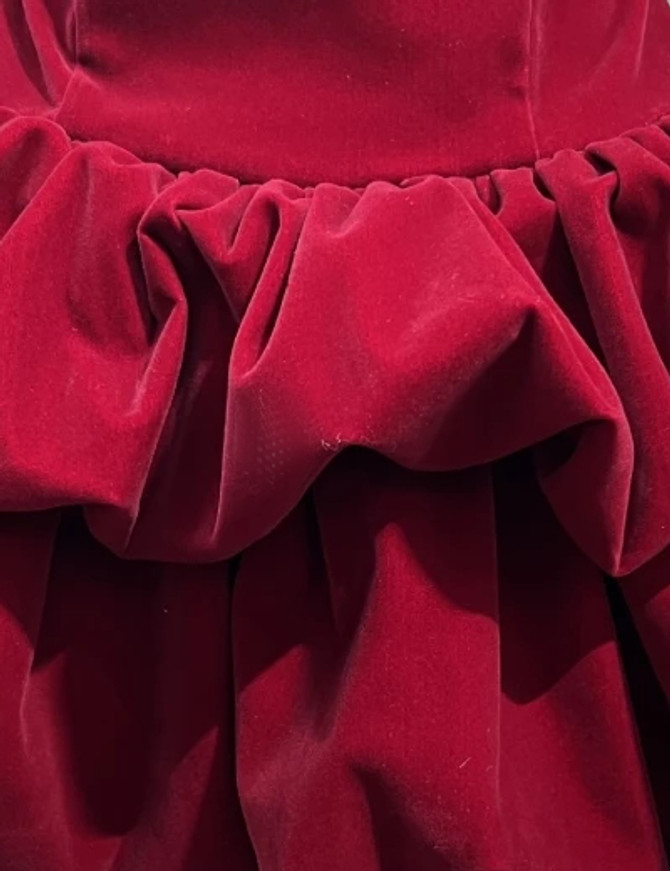 Puff Detail Velvet Dress Red