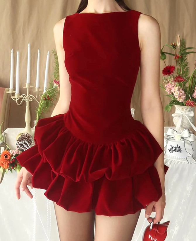 Puff Detail Velvet Dress Red
