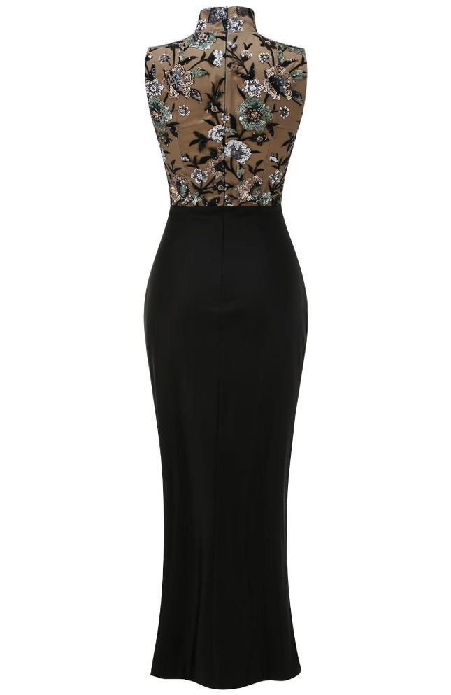 Floral Embroidered Maxi Dress Black