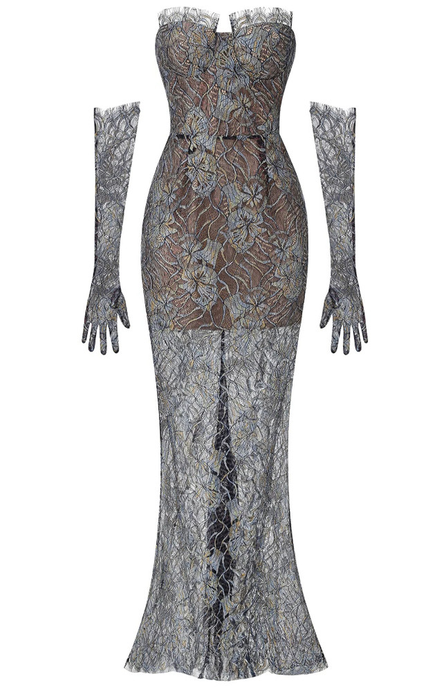 Strapless Corset Lace Maxi Dress Black