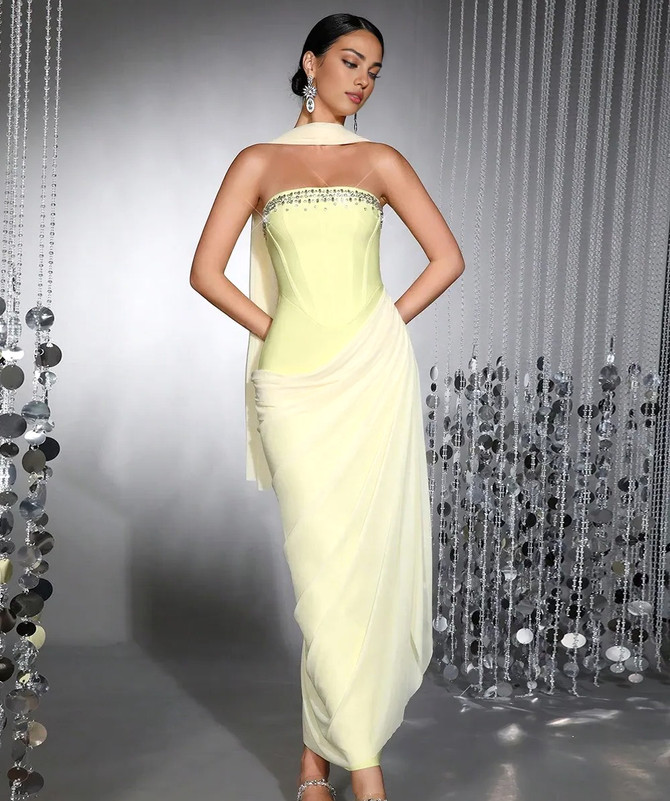 Strapless Crystal Draped Maxi Dress Yellow