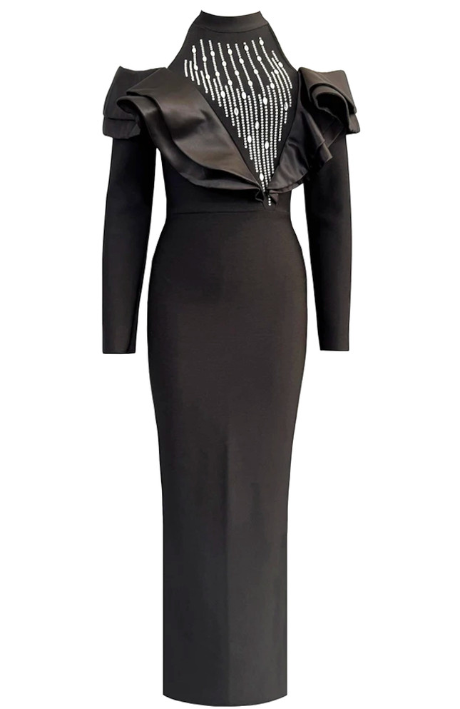 Long Sleeve Crystal Ruffle Maxi Dress Black