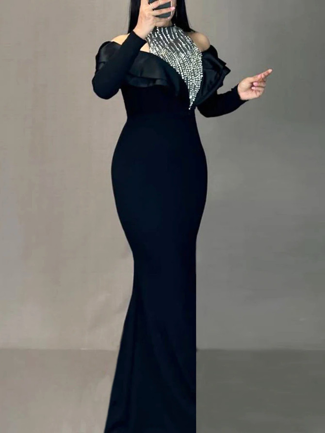 Long Sleeve Crystal Ruffle Maxi Dress Black