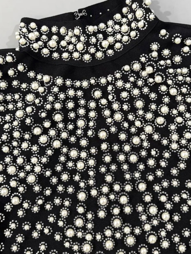 Long Sleeve Pearl Crystal Backless Maxi Dress Black