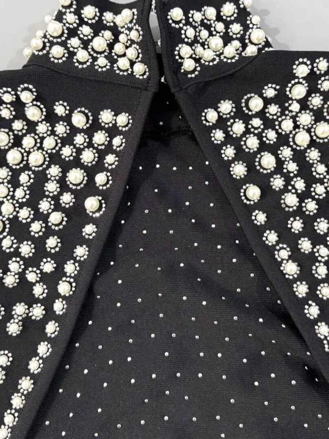 Long Sleeve Pearl Crystal Backless Maxi Dress Black