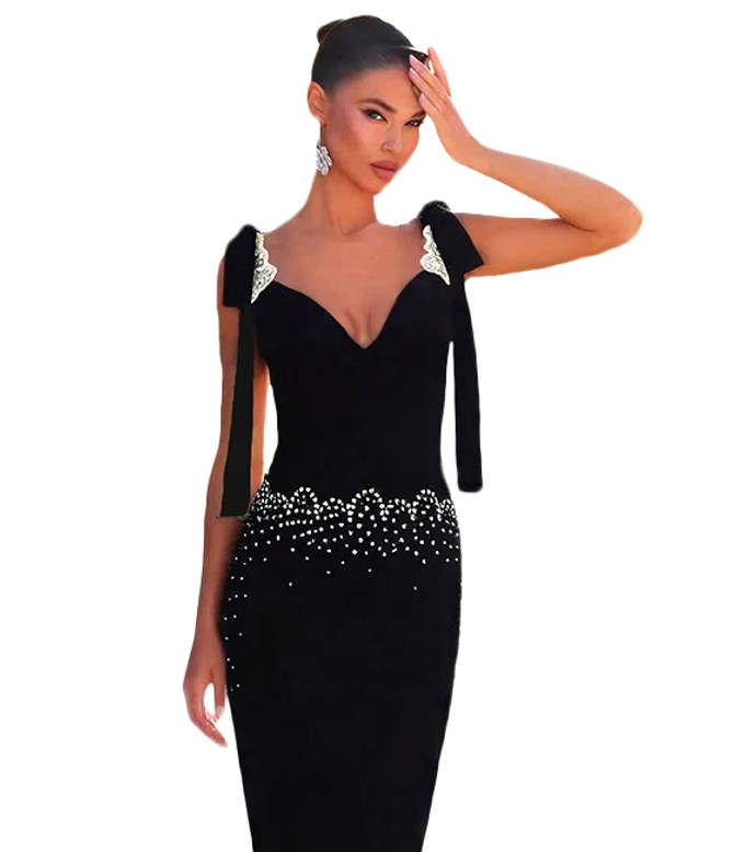 Tie Detail Crystal Maxi Dress Black
