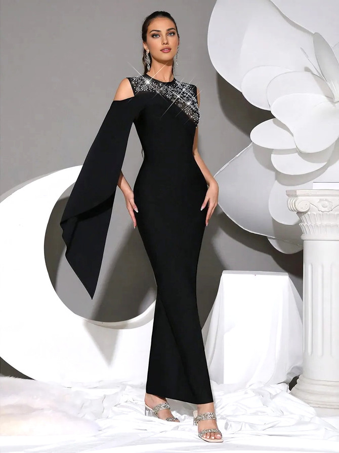 Cape Sleeve Crystal Maxi Dress Black