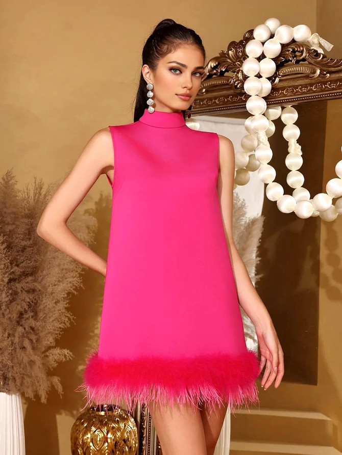 Feather Hem Dress Hot Pink