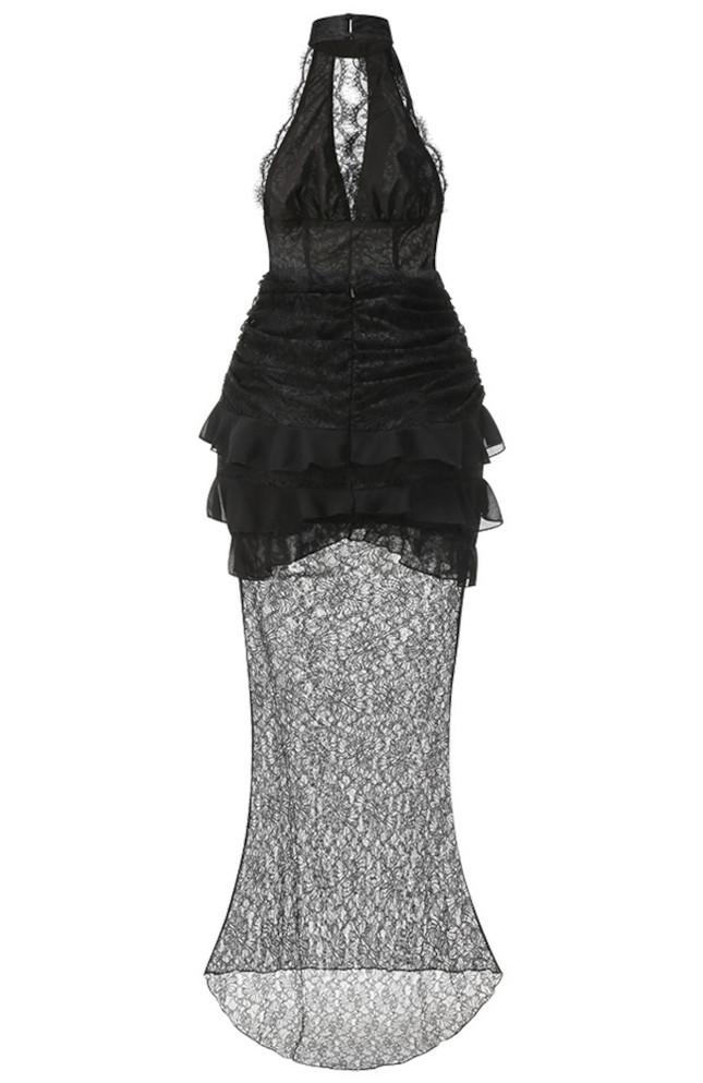 Halter Ruffle Lace Maxi Dress Black