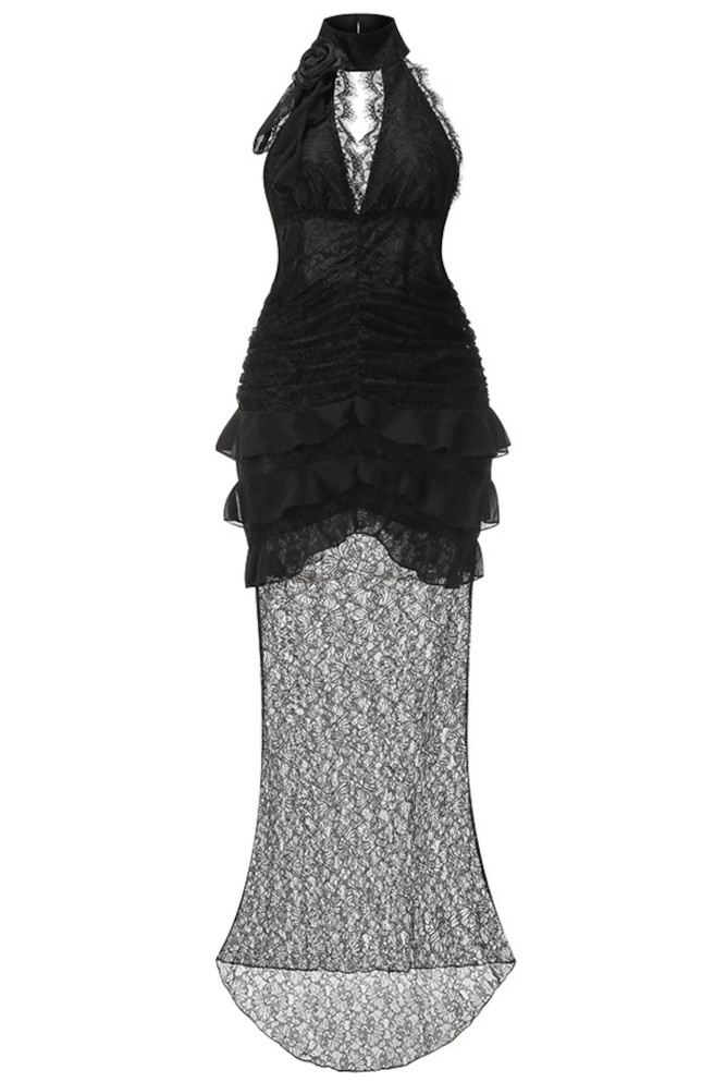 Halter Ruffle Lace Maxi Dress Black