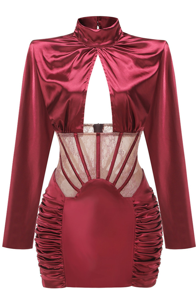 Long Sleeve Lace Corset Dress Burgundy