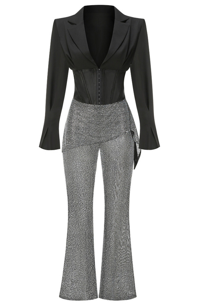 Long Sleeve Sparkly Two Piece Jumpsuit Black