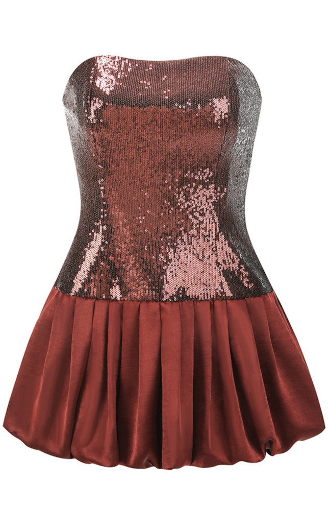 Strapless Sequin Puff Dress Brown