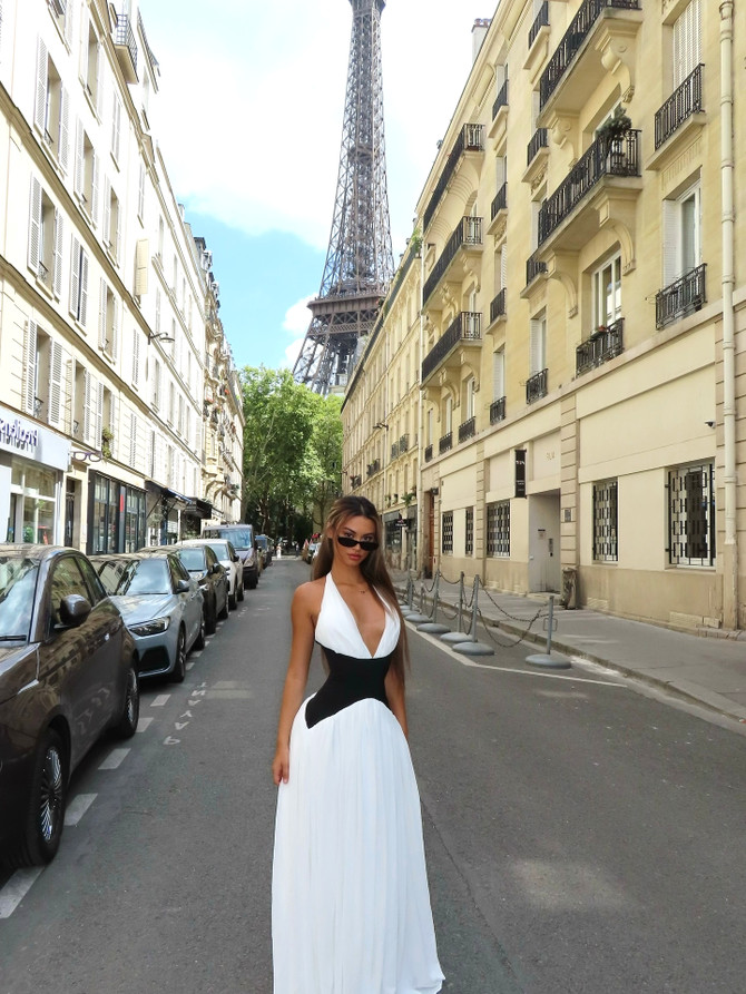 Halter Structured Draped Maxi Dress Black White