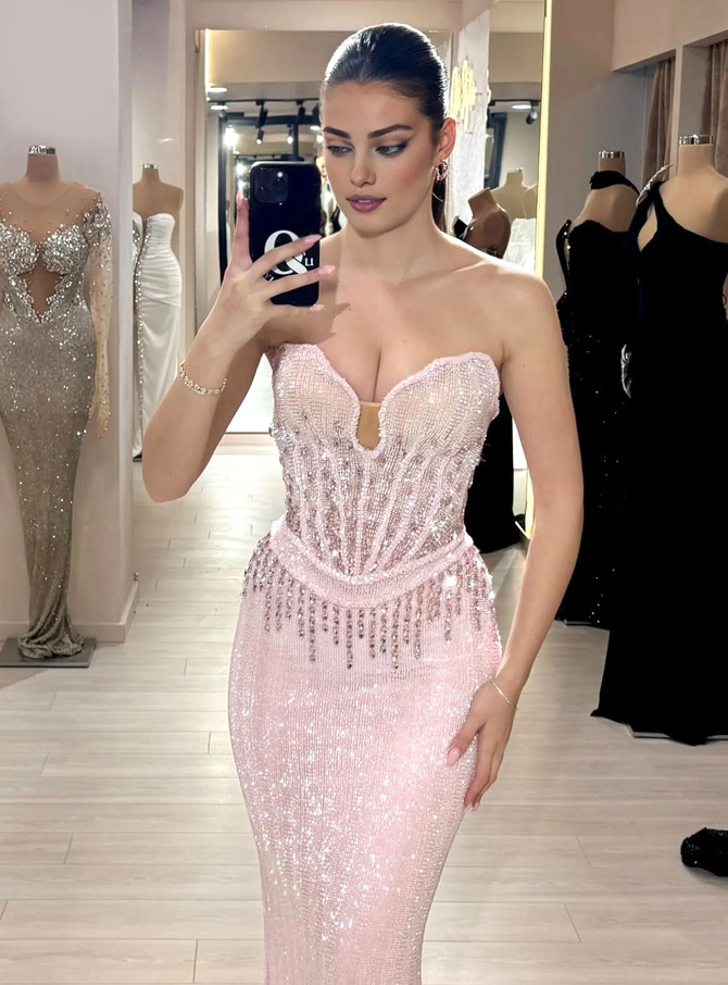 Strapless Bustier Crystal Sequin Maxi Dress Pink