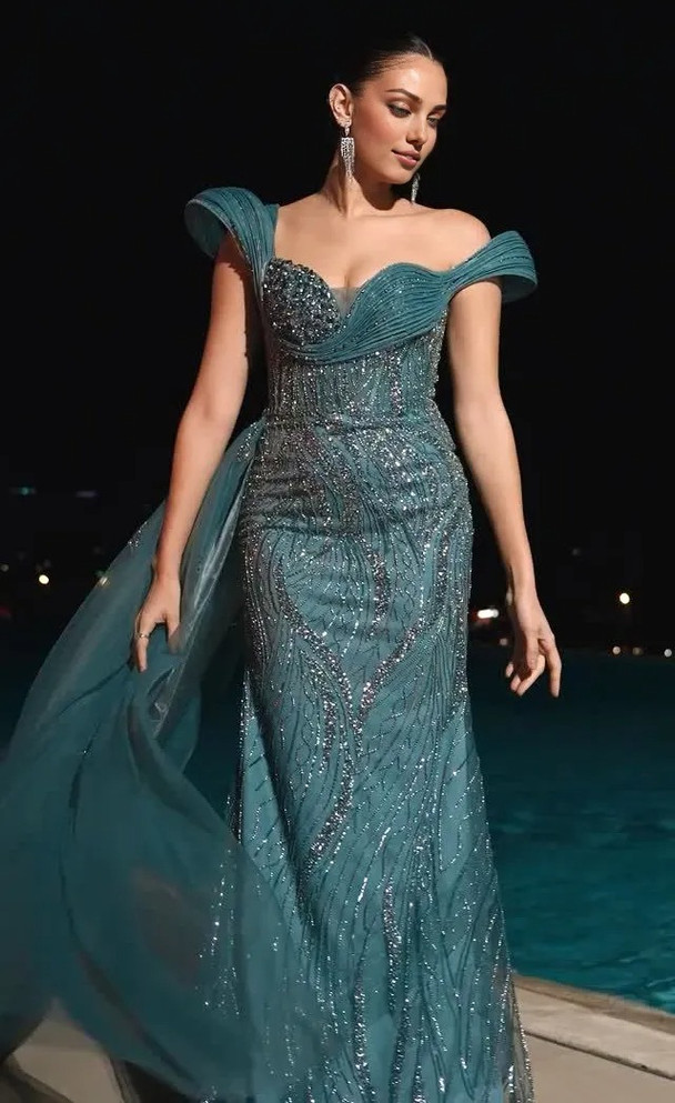 Bardot Crystal Bustier Sequin Maxi Dress Green