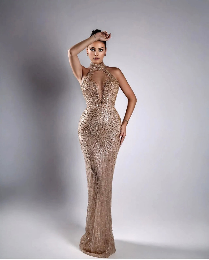 Halter Crystal Sequin Maxi Dress Gold