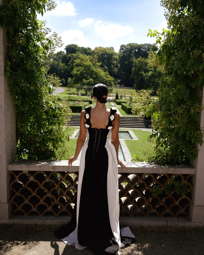 Floral Detail Corset A Line Maxi Dress Black White