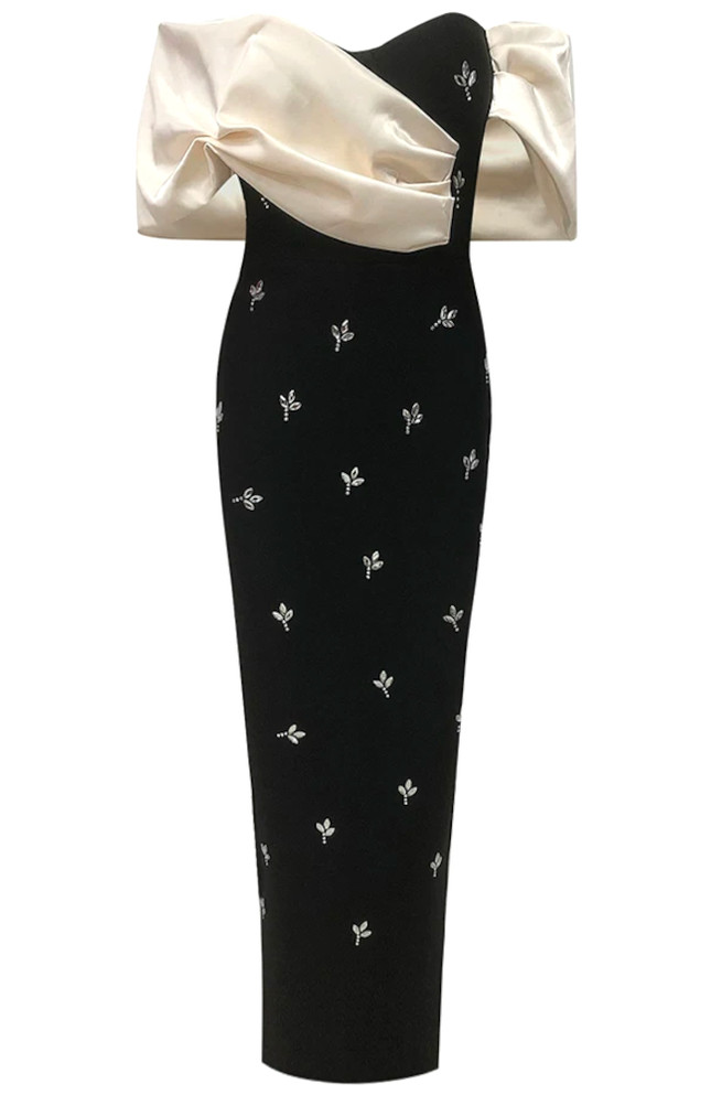 Draped Bardot Crystal Maxi Dress Black Ivory