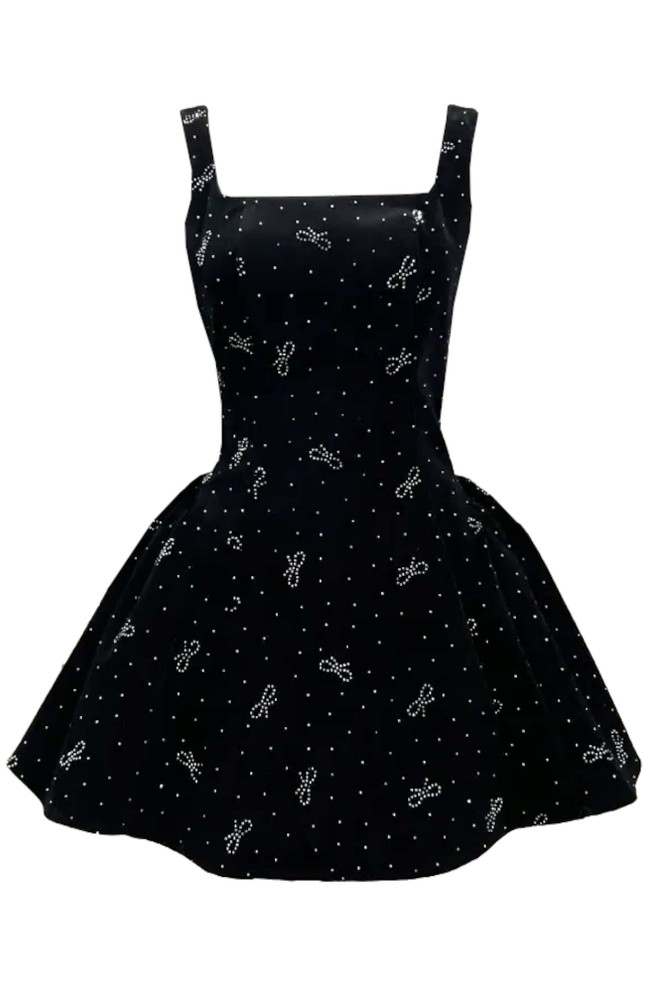 Crystal Bow Detail A Line Dress Black