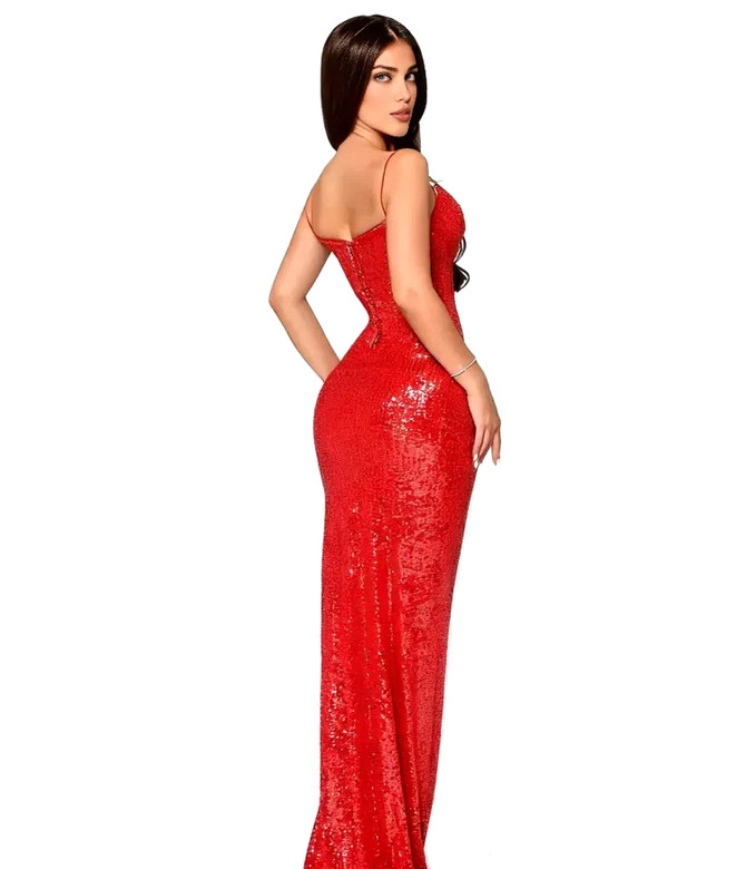 Sequin Draped Corset Maxi Dress Red