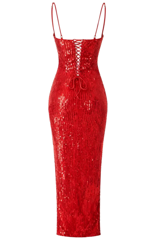 Sequin Draped Corset Maxi Dress Red