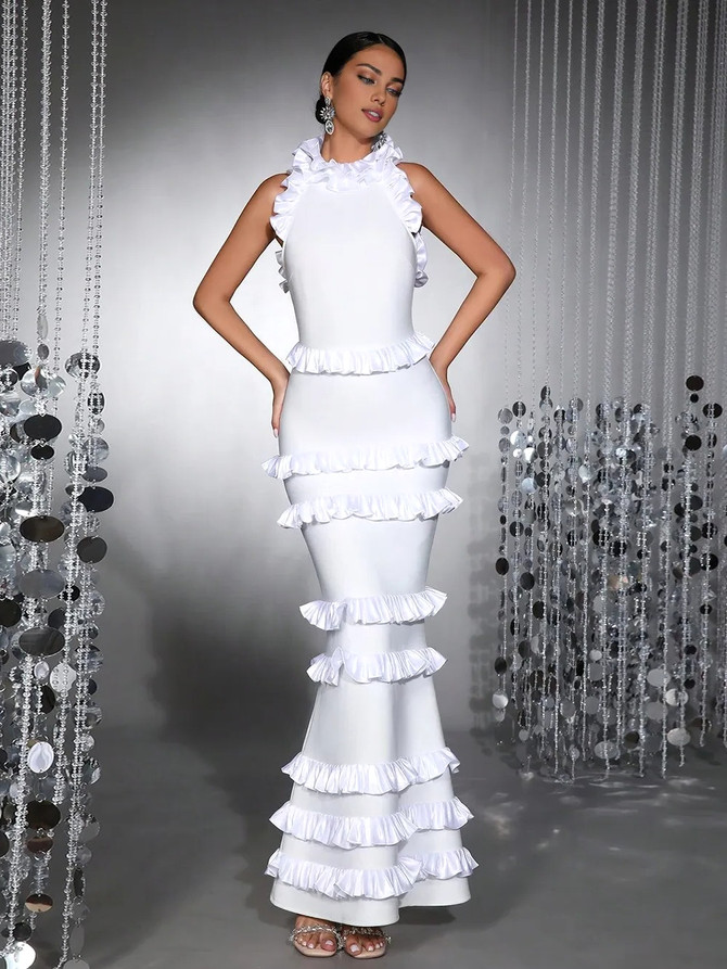 Ruffle Detail Backless Maxi Dress White
