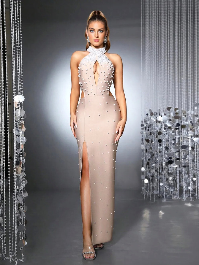 Pearl Embellished Maxi Dress Nude