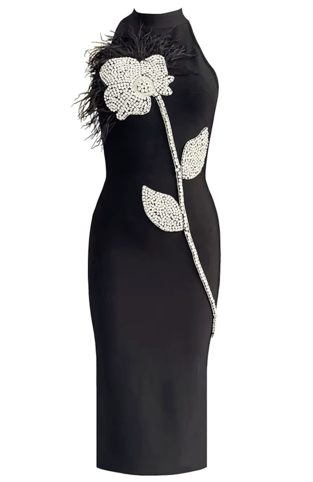 Feather Crystal Floral Midi Dress Black