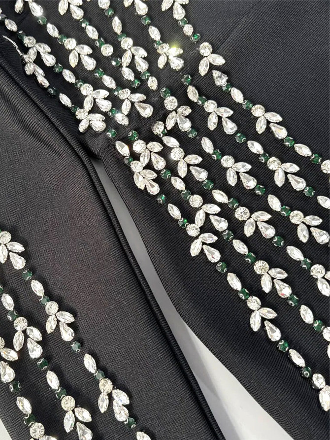 Long Sleeve Crystal Floral Detail Maxi Dress Black