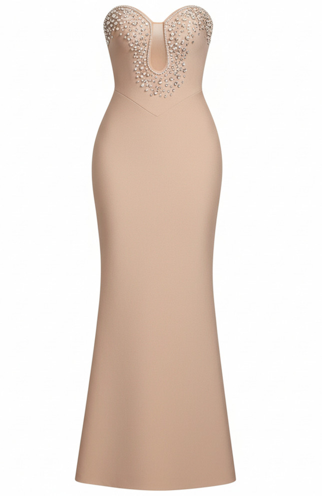 Strapless Crystal Pearl Maxi Dress Nude
