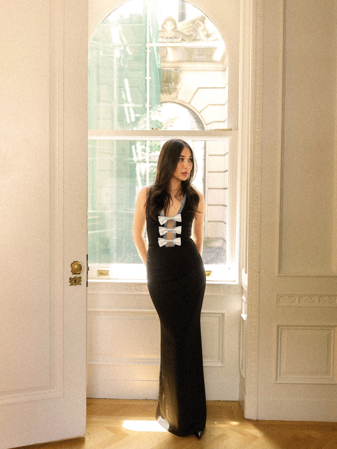 Halter Crystal Bow Detail Maxi Dress Black