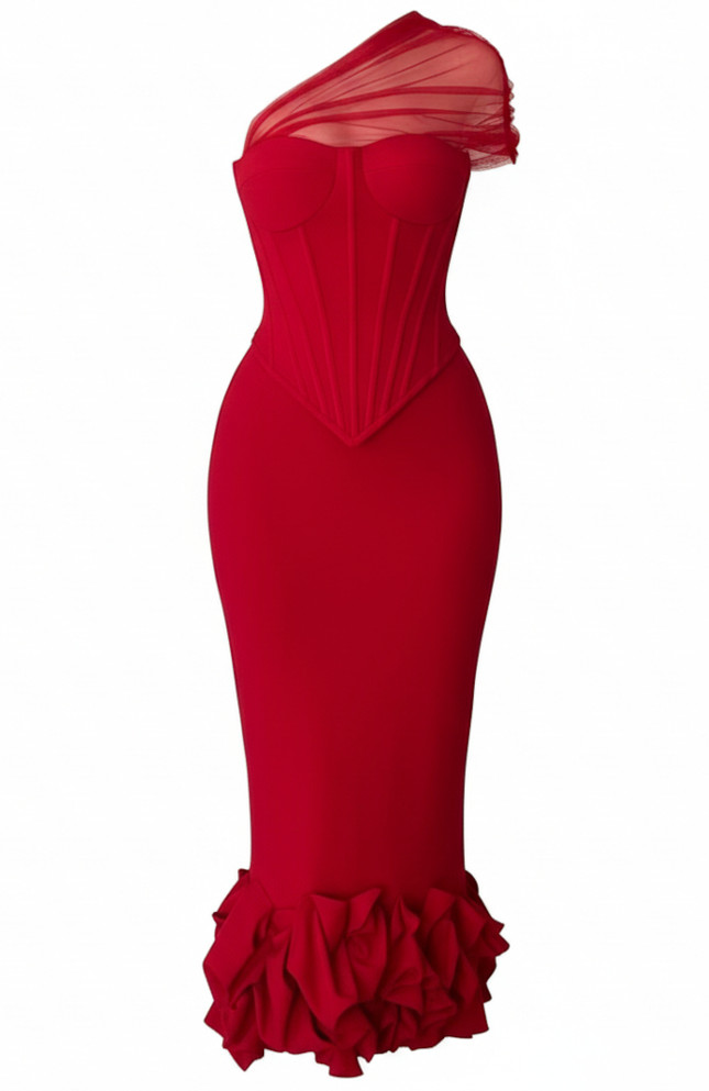 Mesh One Shoulder Corset Midi Dress Red