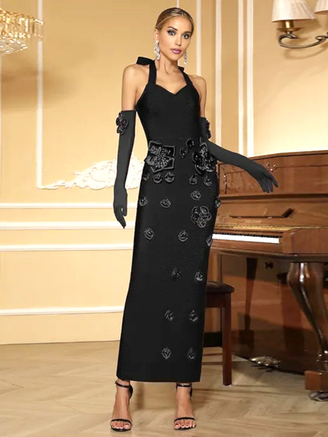 Halter Floral Gloves Maxi Dress Black