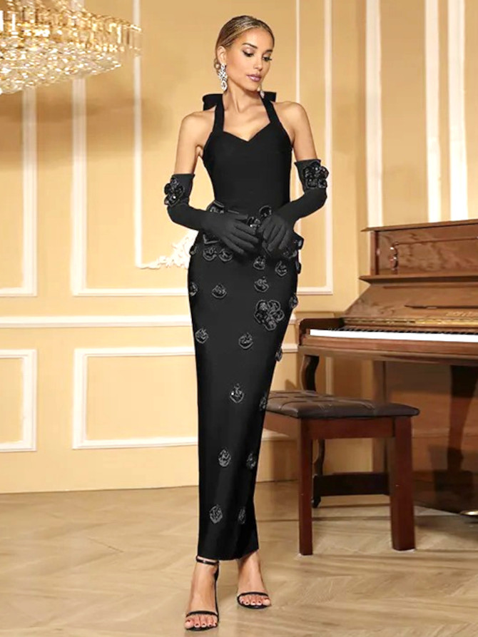 Halter Floral Gloves Maxi Dress Black