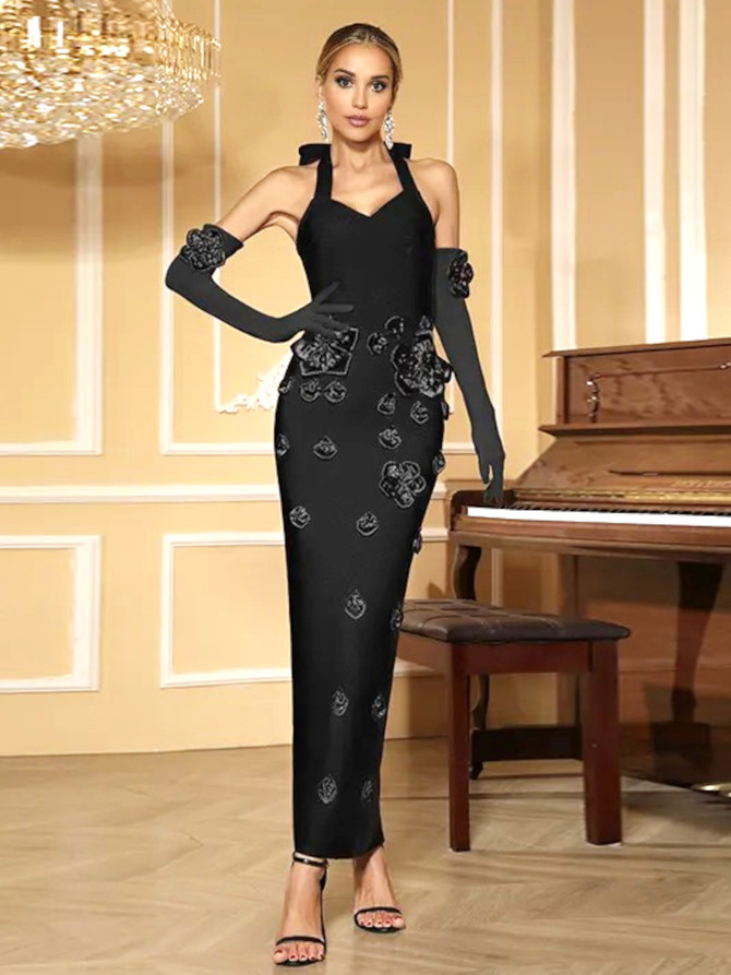 Halter Floral Gloves Maxi Dress Black