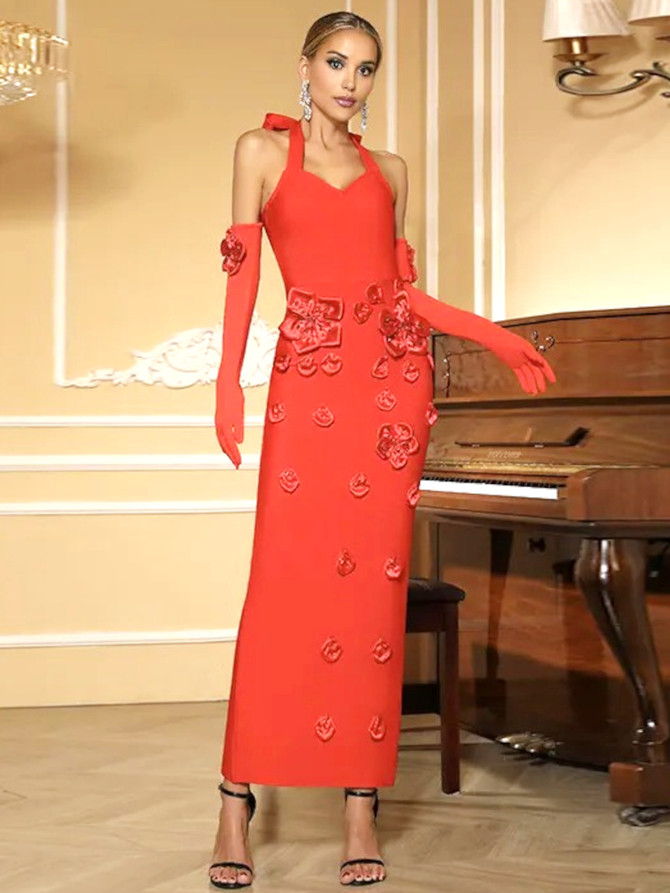 Halter Floral Gloves Maxi Dress Red