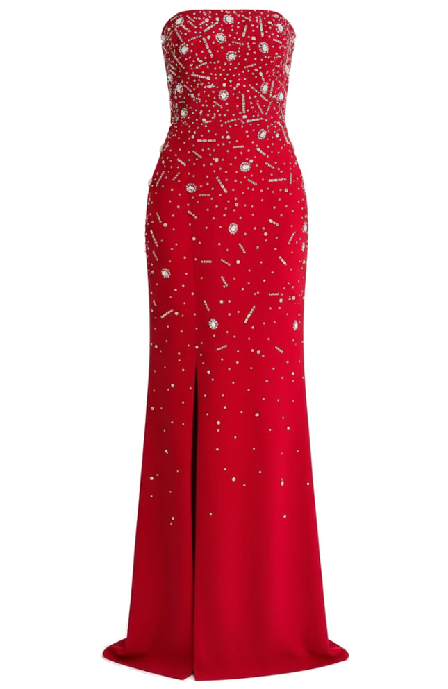Strapless Crystal Embellished Maxi Dress Red