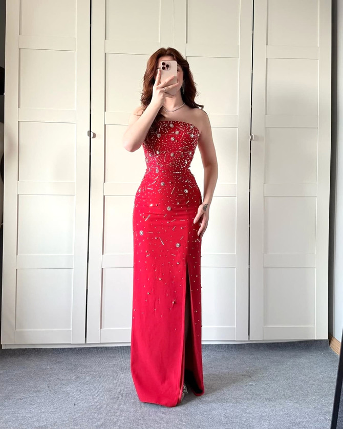 Strapless Crystal Embellished Maxi Dress Red