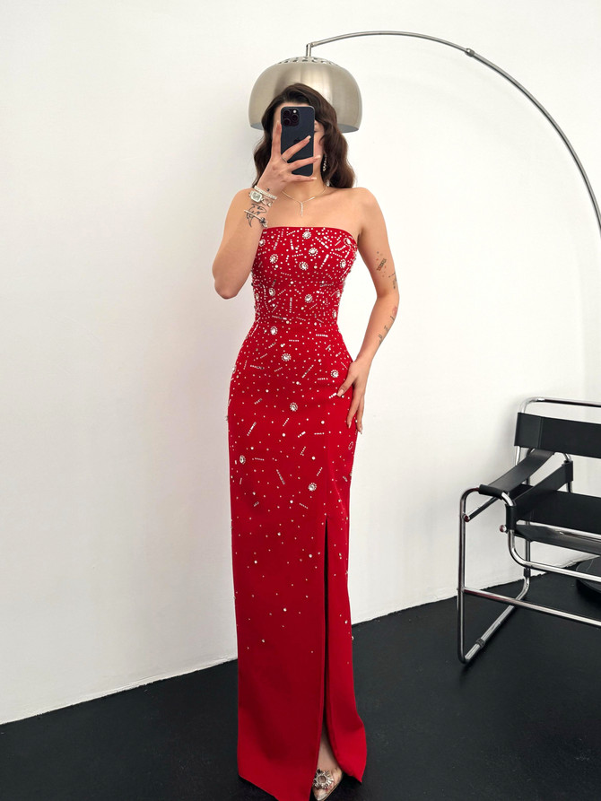 Strapless Crystal Embellished Maxi Dress Red