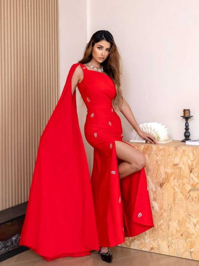 Cape Sleeve Crystal Maxi Dress Red