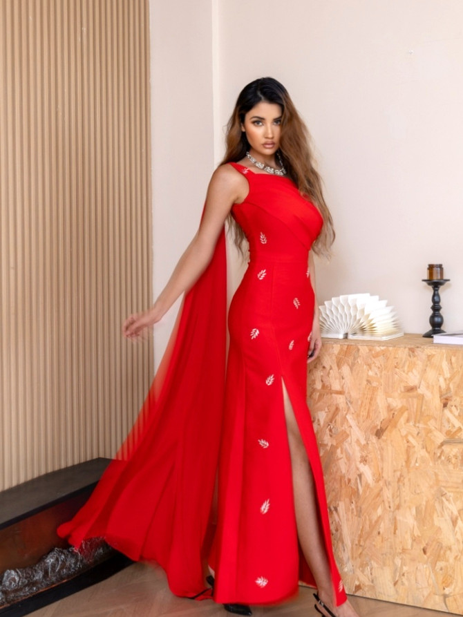 Cape Sleeve Crystal Maxi Dress Red