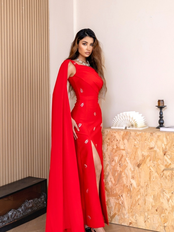 Cape Sleeve Crystal Maxi Dress Red