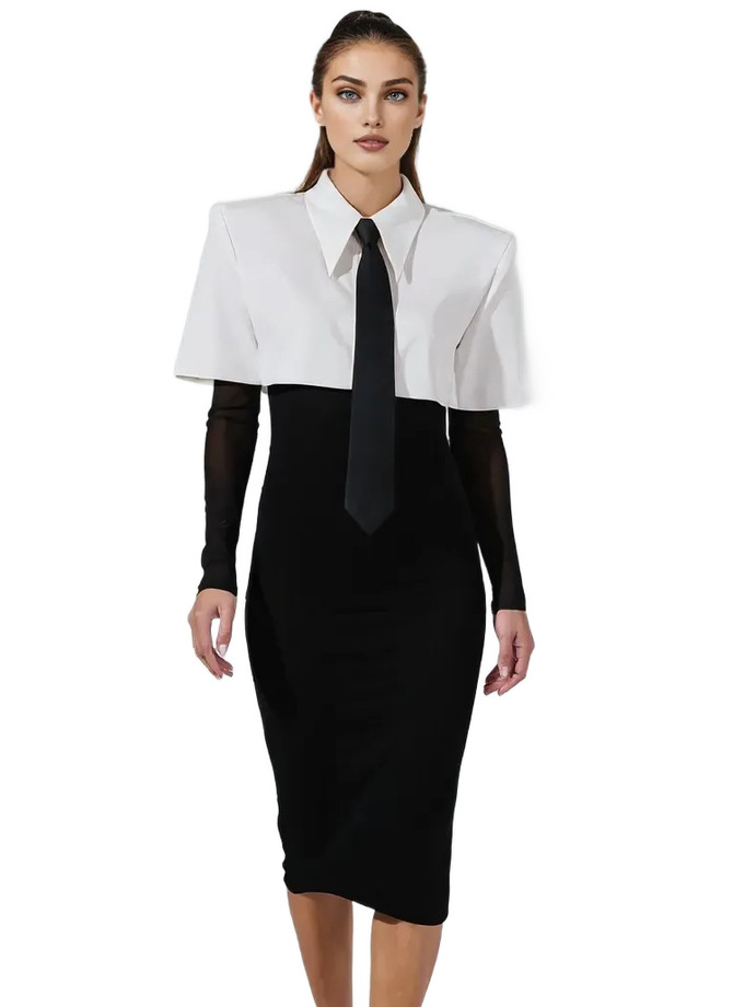 Long Sleeve Shirt Midi Dress Black White